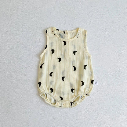 ノースリーブロンパース Black / 3M 66cm ベビーロンパース ノースリーブボディスーツ 月ムーン/洋梨/オリーブ/水玉ドットプリント【mh0005689】