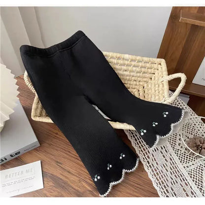 レギンスパンツ Black / 3T 100cm キッズパンツ チェリーさくらんぼ刺繍裏フリースフレアレギンスパンツ【mh0007708】