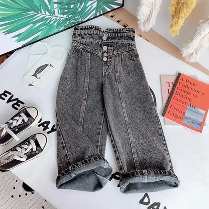 キッズデニムパンツ（バギー）ブラックデニム、ハイウエスト風・フロントボタン付き