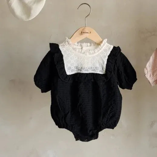 半袖ロンパース Black / 66cm 0-6m ベビーロンパース 半袖フリルボディスーツ 2カラー【mh0005535】