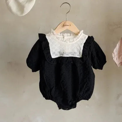 半袖ロンパース Black / 66cm 0-6m ベビーロンパース 半袖フリルボディスーツ 2カラー【mh0005535】