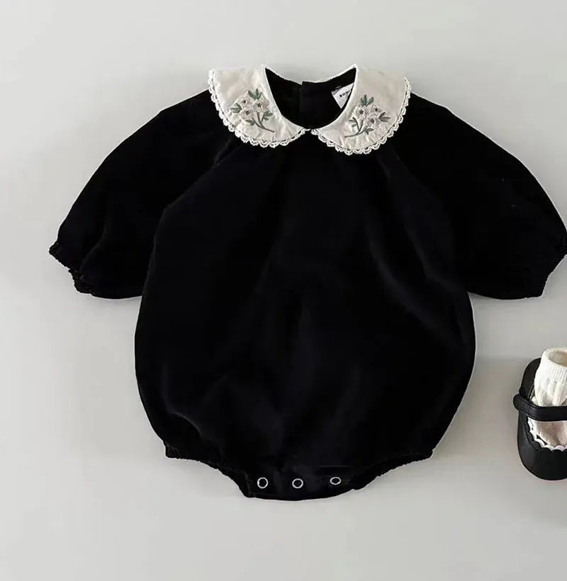 長袖ロンパース black / 66cm ベビー長袖ロンパース フラワー 花柄刺繍 丸襟ボディスーツ 2カラー ガールズ 女の子 子供服
