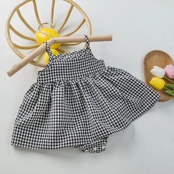 ノースリーブロンパース Black / 68cm (3-6M) ベビーロンパース チェック キャミソールスカートボディスーツ 3カラー【mh0006054】