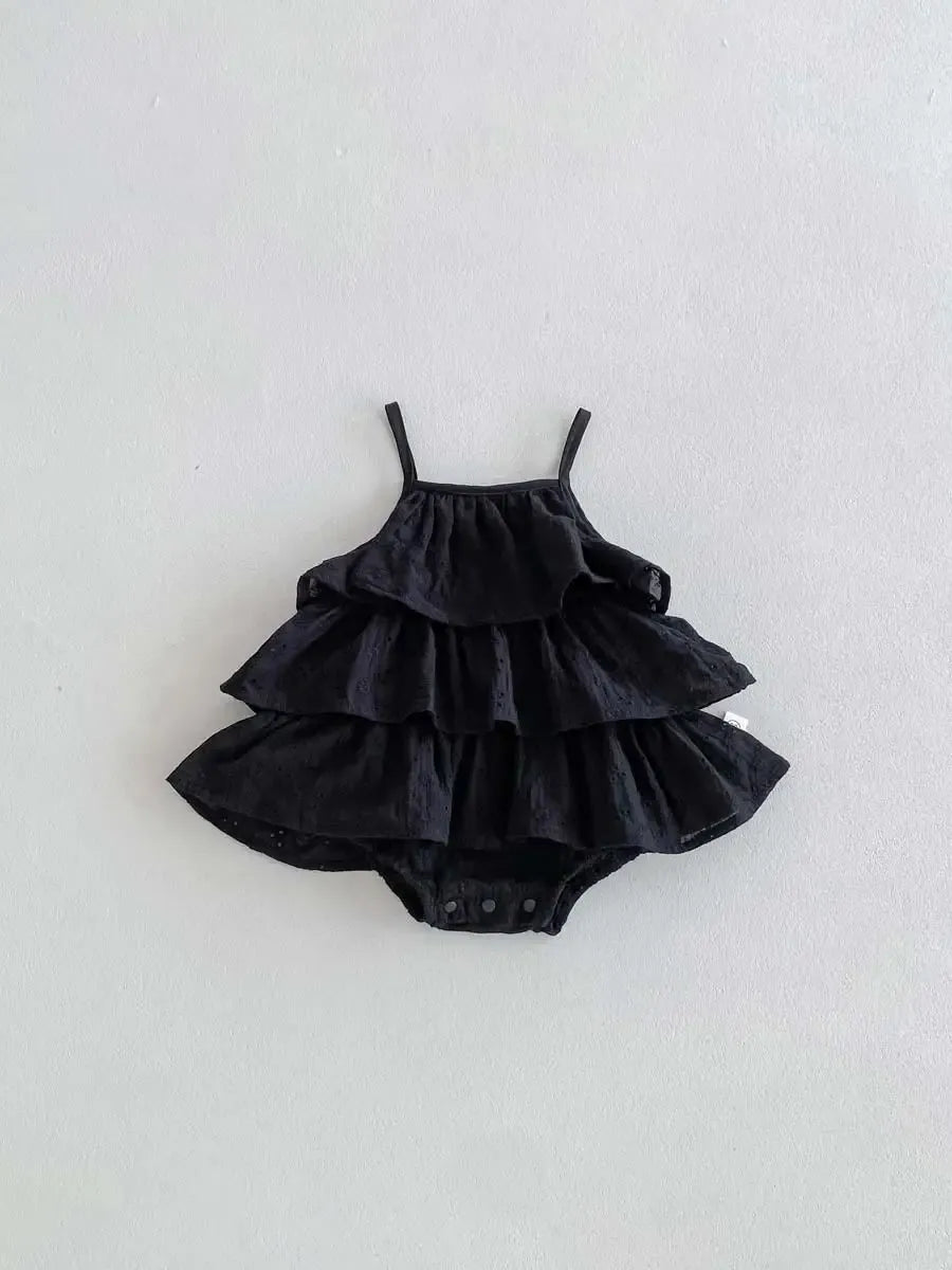 ノースリーブロンパース Black / 6M  66CM ベビーロンパース キャミソールボディスーツ 刺繍レース ティアードフリル 2カラー【mh0006187】