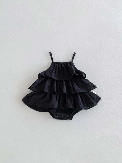 ノースリーブロンパース Black / 6M  66CM ベビーロンパース キャミソールボディスーツ 刺繍レース ティアードフリル 2カラー【mh0006187】