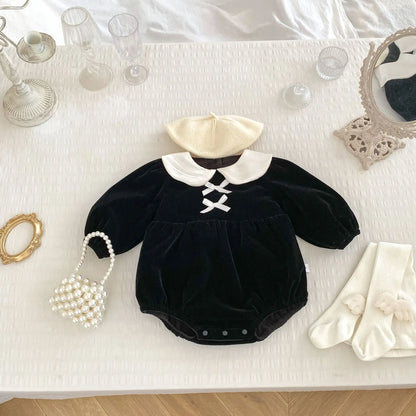 長袖ロンパース Black / 6M  66CM ベビーロンパース リボン丸襟裏フリース長袖ボディスーツ【mh0008127】