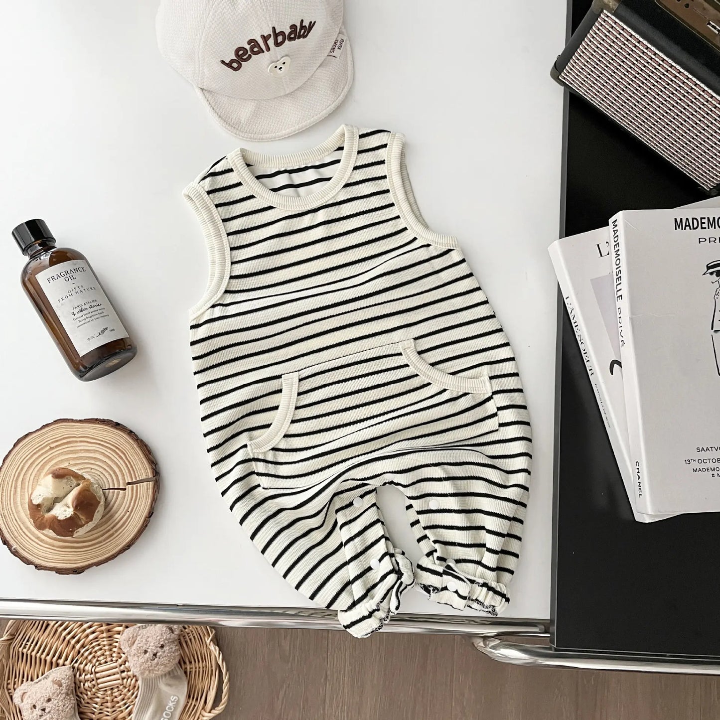 ノースリーブロンパース Black / 6M  66CM ベビーロンパース ボーダーノースリーブジャンプスーツ【mh0008701】