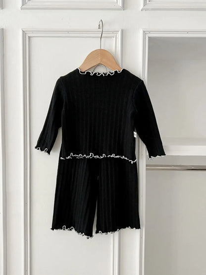 長袖セットアップ black / 6M  66cm ベビーセットアップ 長袖フリルエッジTシャツ+ワイドルーズパンツ 2カラー