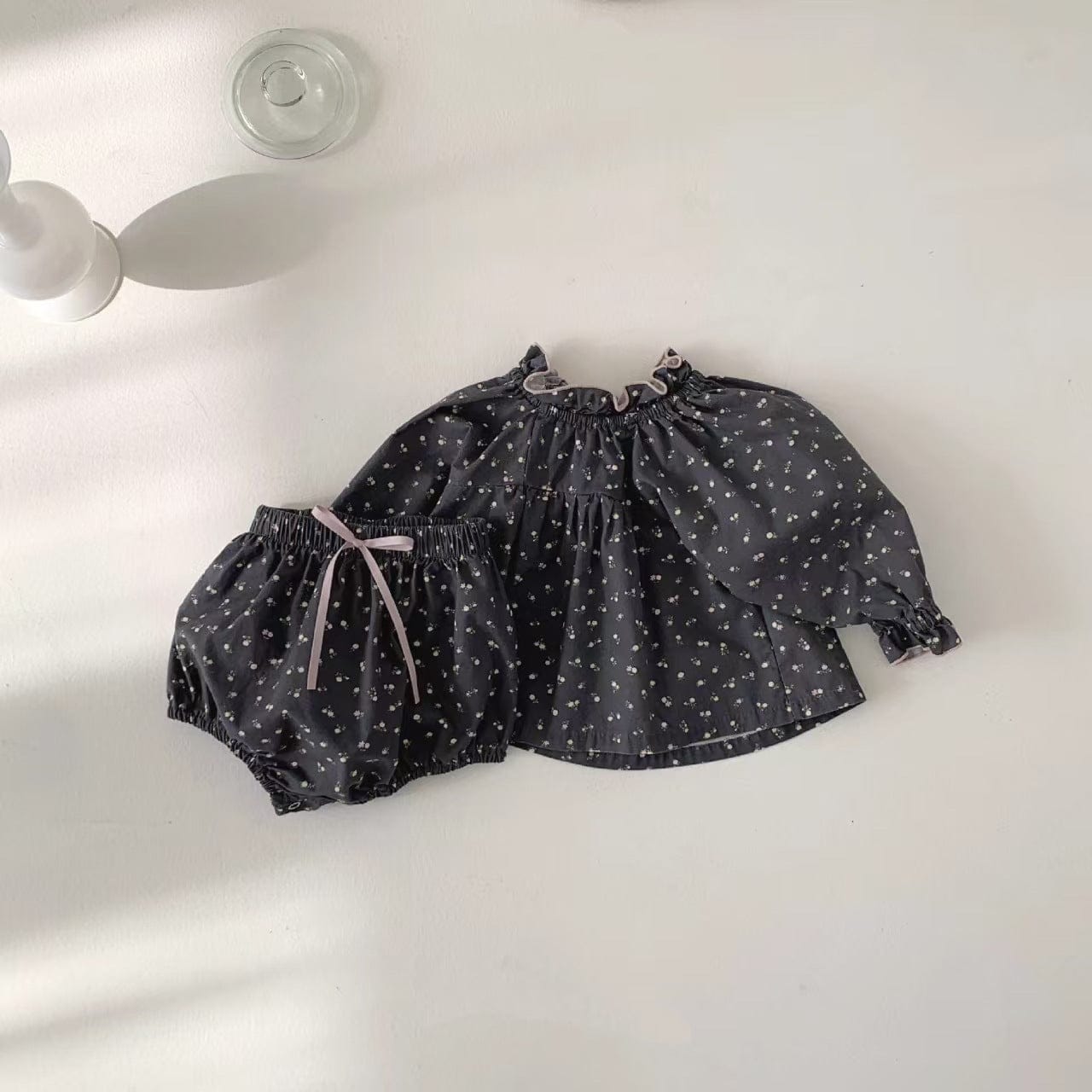 長袖セットアップ Black / 73cm ベビーセットアップ 2点セット フラワー小花柄プリント長袖チュニックブラウス+ブルマパンツ【mh0009157】