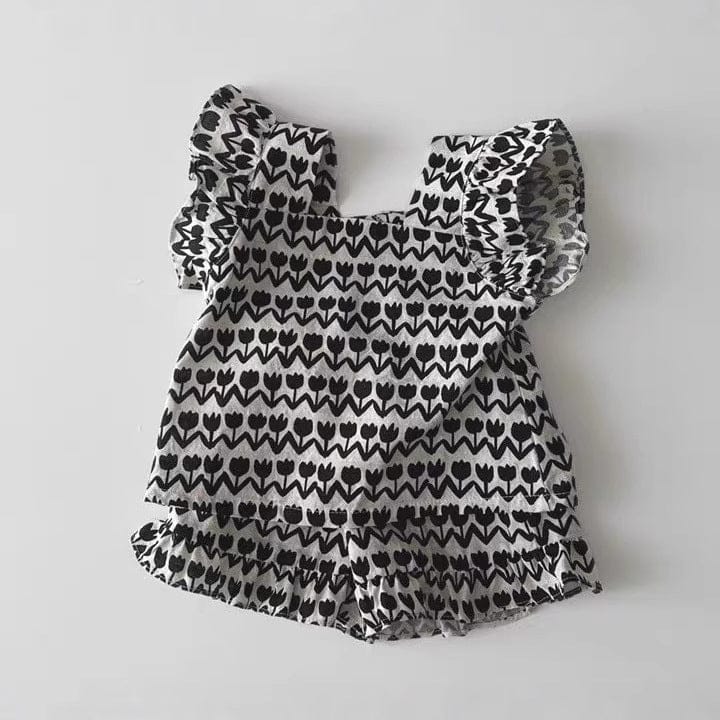 ノースリーブセットアップ Black / 73cm チューリップフリルショルダーブラウス+フリルショートパンツセットアップ 2点セット【mh0010367】