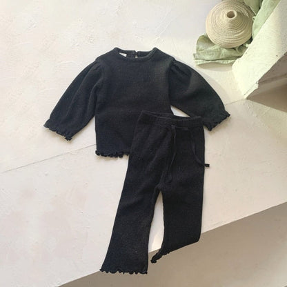 長袖セットアップ Black / 73cm ベビー セットアップ 長袖 フリル パフスリーブ トップス ロングパンツ ブラック アプリコット ガールズ 6914
