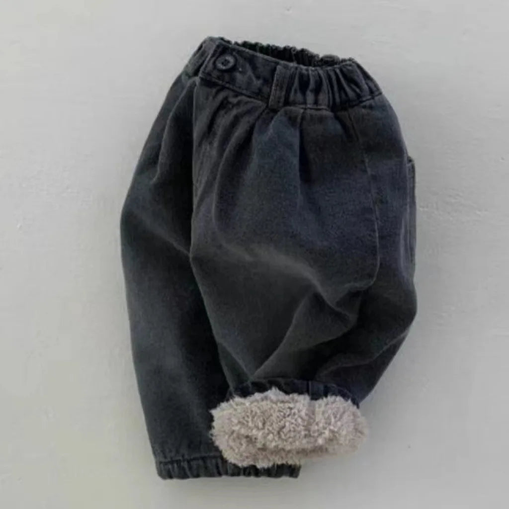 ロングパンツ・スウェットパンツ black / 73cm / 取り寄せ（7〜21日） ベビーパンツ 裏ボアフリースパンツ デニムカラー スマイルプリント 暖パン ブラック ブルー 2カラー ボーイズ 男の子 子供服