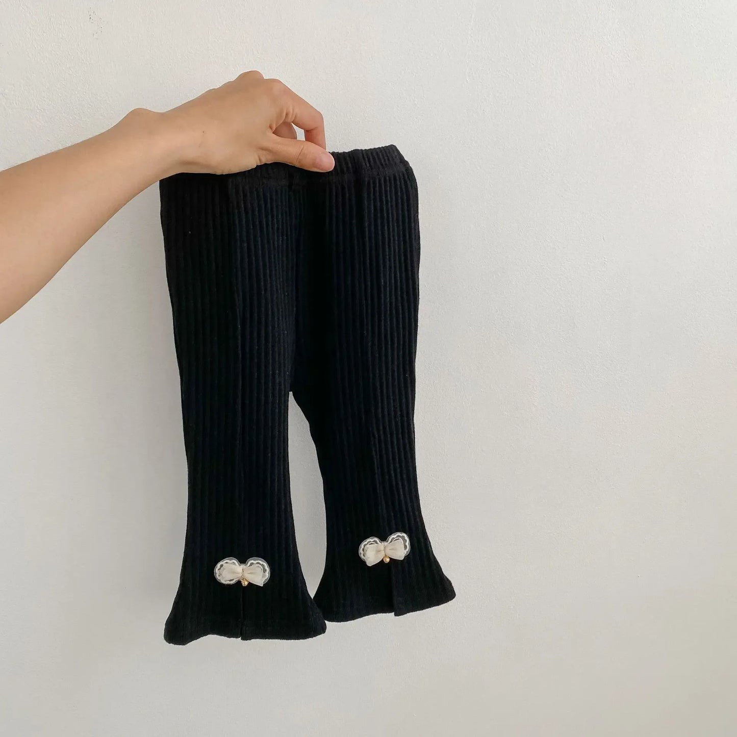 レギンスパンツ Black / 73cm ベビーパンツ リボンフロントスリットリブレギンスパンツ【mh0008553】