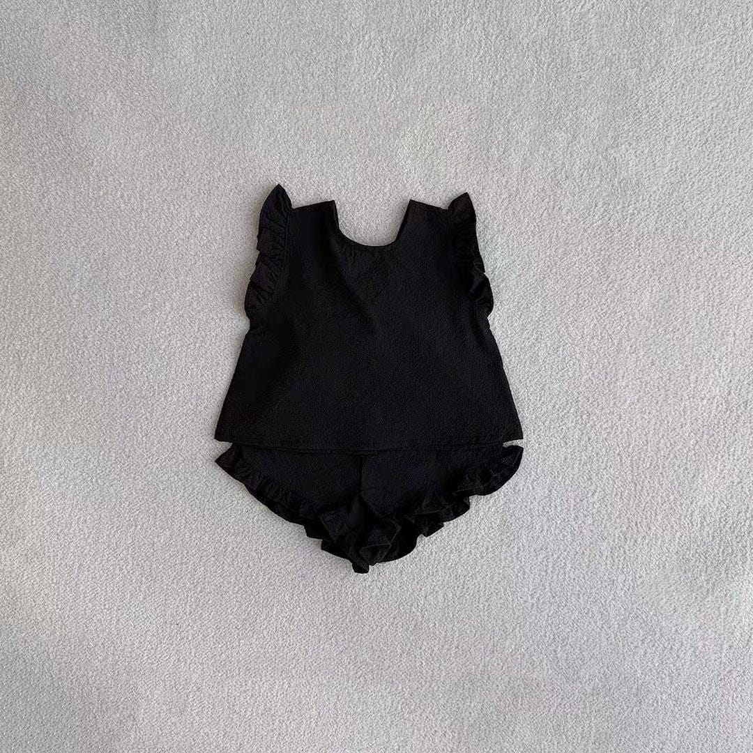 ノースリーブセットアップ Black / 73cm バックリボンフリルショルダーブラウス+ショートパンツセット【mh0010368】