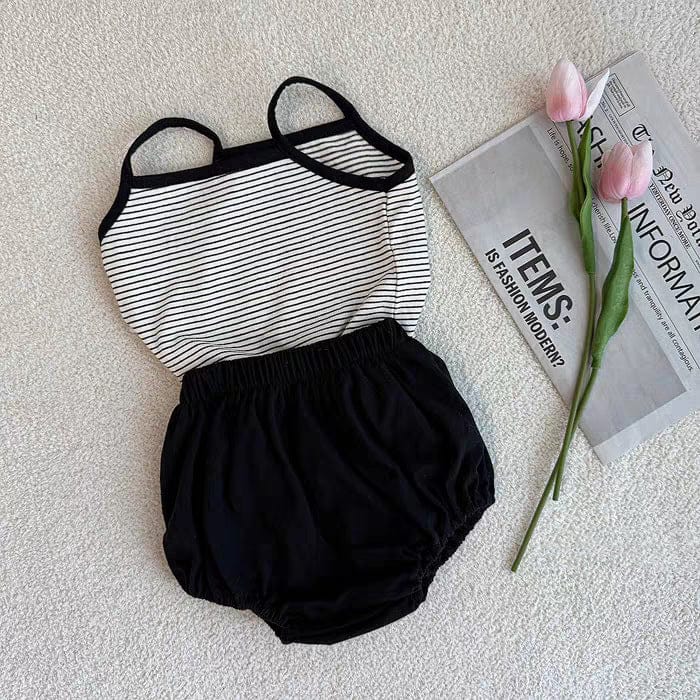 ノースリーブセットアップ Black / 73cm striped suspenders t shorts suit【mh0009523】