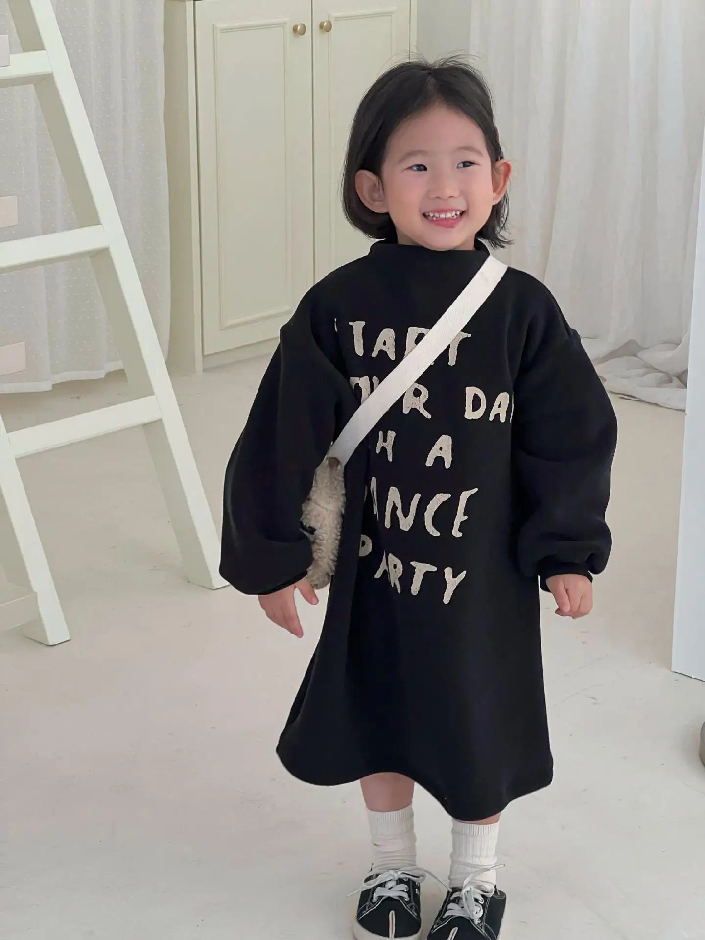 長袖ワンピース black / 80cm キッズワンピース レターロゴプリント フリース ルーズ 長袖ワンピース
