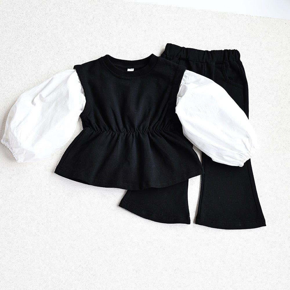 長袖セットアップ black / 80cm キッズ セットアップ 長袖 パッチワーク チュニック ブラウス フレア ロングパンツ ブラック グレー ガールズ