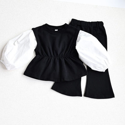 長袖セットアップ black / 80cm キッズ セットアップ 長袖 パッチワーク チュニック ブラウス フレア ロングパンツ ブラック グレー ガールズ