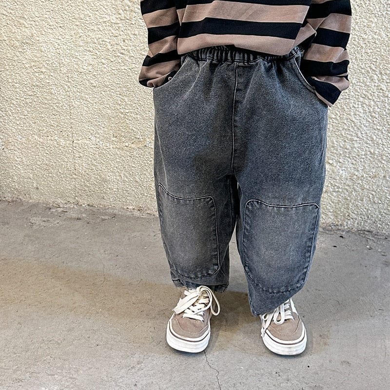 デニムパンツ black / 80cm キッズ デニム 膝パッチ ルーズ パンツ ジーンズ ジーパン ブルー ブラック ユニセックス 6923