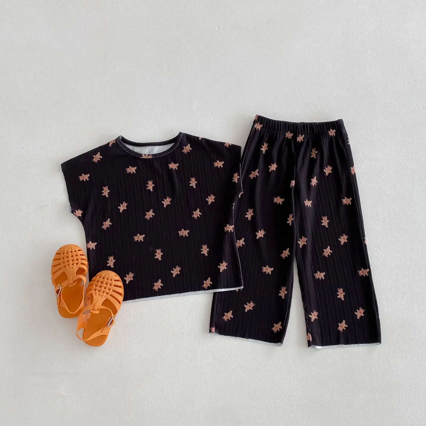 半袖セットアップ black / 80cm 9-12m キッズセットアップ 2点セット ショートスリーブTシャツ+ワイドルーズパンツ ルームウェア ベアくまプリント 2カラー