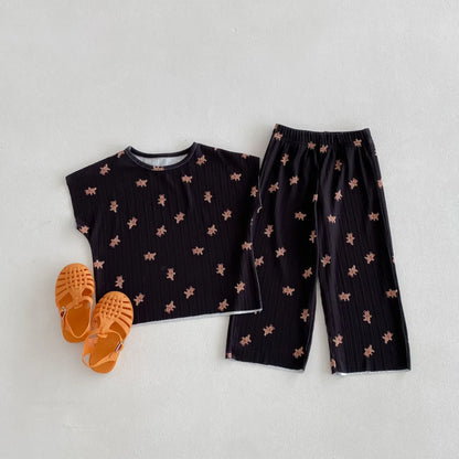 半袖セットアップ black / 80cm 9-12m キッズセットアップ 2点セット ショートスリーブTシャツ+ワイドルーズパンツ ルームウェア ベアくまプリント 2カラー