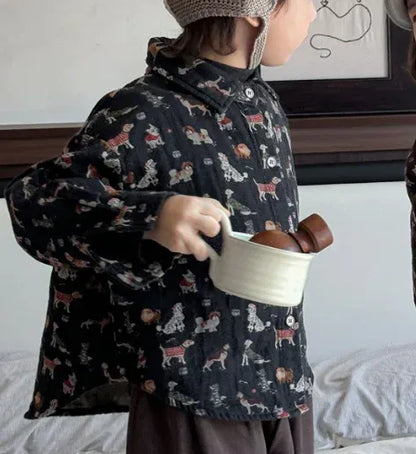 長袖シャツ・ブラウス Black / 80cm 9-12M キッズトップス 犬ドッグレトロプリント長袖シャツ 3カラー【mh0007543】