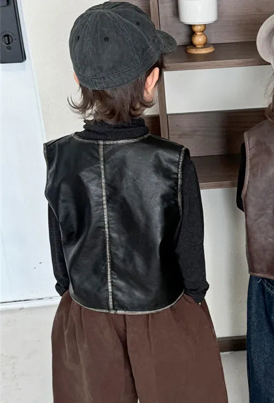 ベスト Black / 80cm キッズベスト フェイクレザー前あきプレッピーウェストコートベスト【mh0007673】