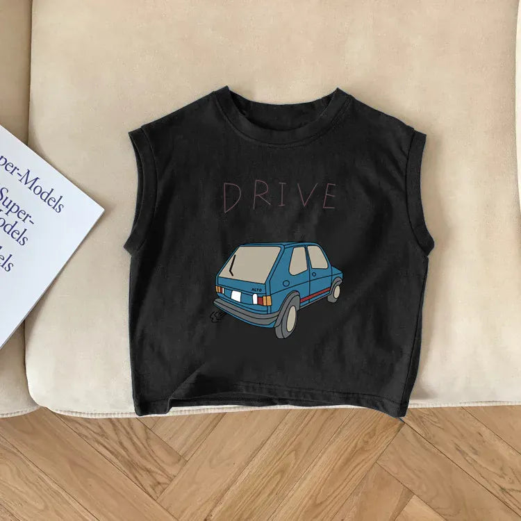 タンクトップ・キャミソール・ノースリーブトップス Black / 80cm キッズトップス ノースリーブTシャツ クラッシックカー レトロカー 車プリント 2カラー【mh0005842】