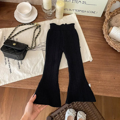 レギンスパンツ Black / 90cm 1-2y キッズパンツ シンプルリブニットベルボトムフレアレギンスパンツ 4カラー【mh0007560】