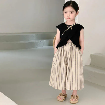 ノースリーブセットアップ Black / 90cm キッズセットアップ 2点セット ノースリーブトップス+ストライプワイドルーズガウチョパンツ【mh0005789】