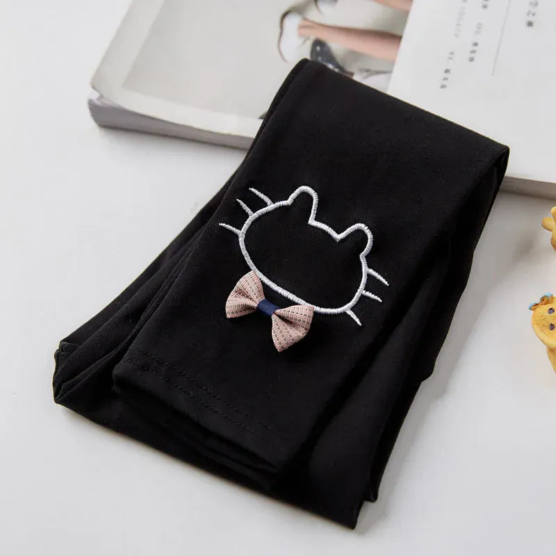 レギンスパンツ Black / 90cm キッズパンツ レギンスパンツ ねこキャットリボン刺繍 スパッツ 5カラー【mh0006451】