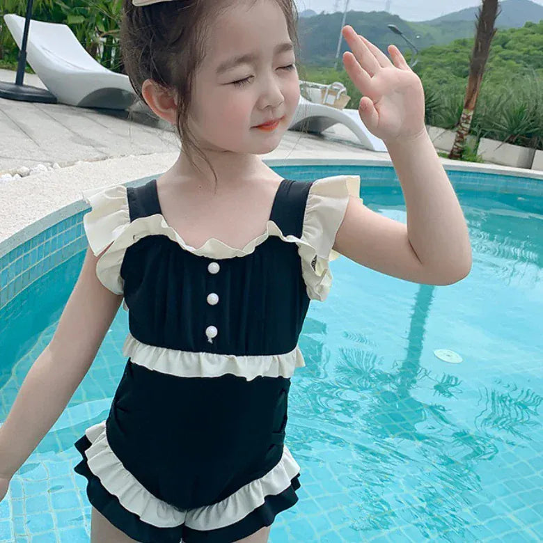 ベビー用水着 Black / 90cm キッズ水着 ガールズ ワンピース+帽子セット ダブルフリル スイムウェア ブラック【mh0005979】