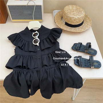 ノースリーブワンピース Black / 90cm キッズワンピース ティアードフリル ノースリーブワンピース ブラック【mh0005998】