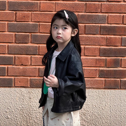 ショートコート・ジャケット・ジャンパー Black / 90cm フェイクレザーショートジャケット フルジップアウター レトロブルゾン【mh0011064】