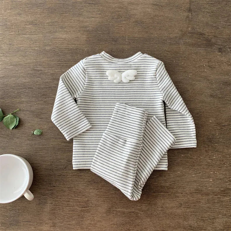 長袖セットアップ Black / 9M  73CM ベビーセットアップ 2点セット ボーダー天使の羽根長袖Tシャツ+ハイウェストパンツ 2カラー【mh0007212】