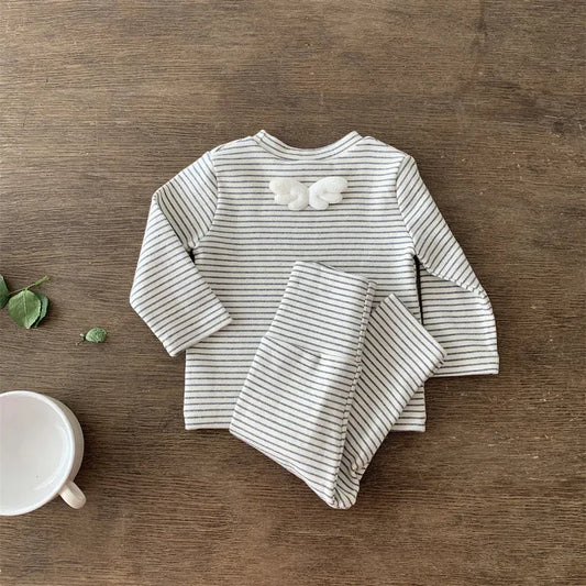 長袖セットアップ Black / 9M  73CM ベビーセットアップ 2点セット ボーダー天使の羽根長袖Tシャツ+ハイウェストパンツ 2カラー【mh0007212】