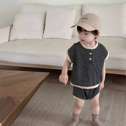 半袖セットアップ Black / 9M  73CM ベビーキッズセットアップ 2点セット 半袖Tシャツ+ショートパンツ ボーダー【mh0005605】