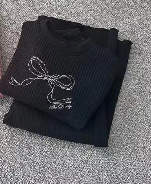 長袖セットアップ Black / 9M  73CM キッズセットアップ 2点セット リボン刺繍リブ長袖Tシャツ+ロングワイドリブパンツ【mh0008726】