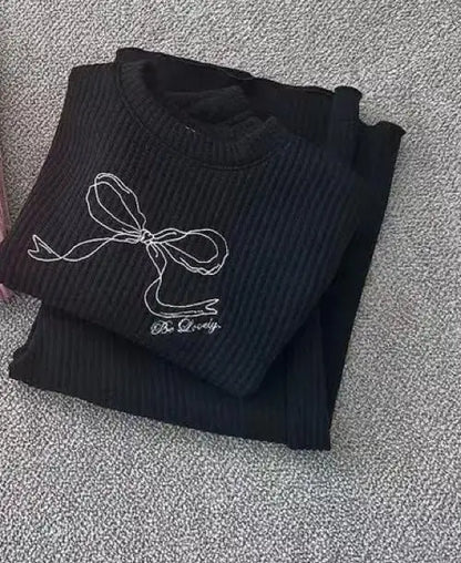 長袖セットアップ Black / 9M  73CM キッズセットアップ 2点セット リボン刺繍リブ長袖Tシャツ+ロングワイドリブパンツ【mh0008726】