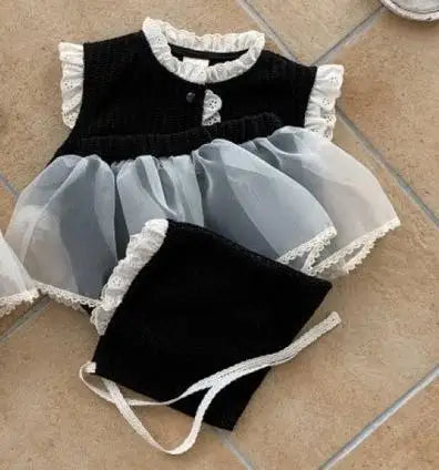 長袖セットアップ Black / 9M  73CM ベビーセットアップ 3点セット フリルベスト+チュールスカートドッキングブルマパンツ+ボンネット帽子【mh0008312】