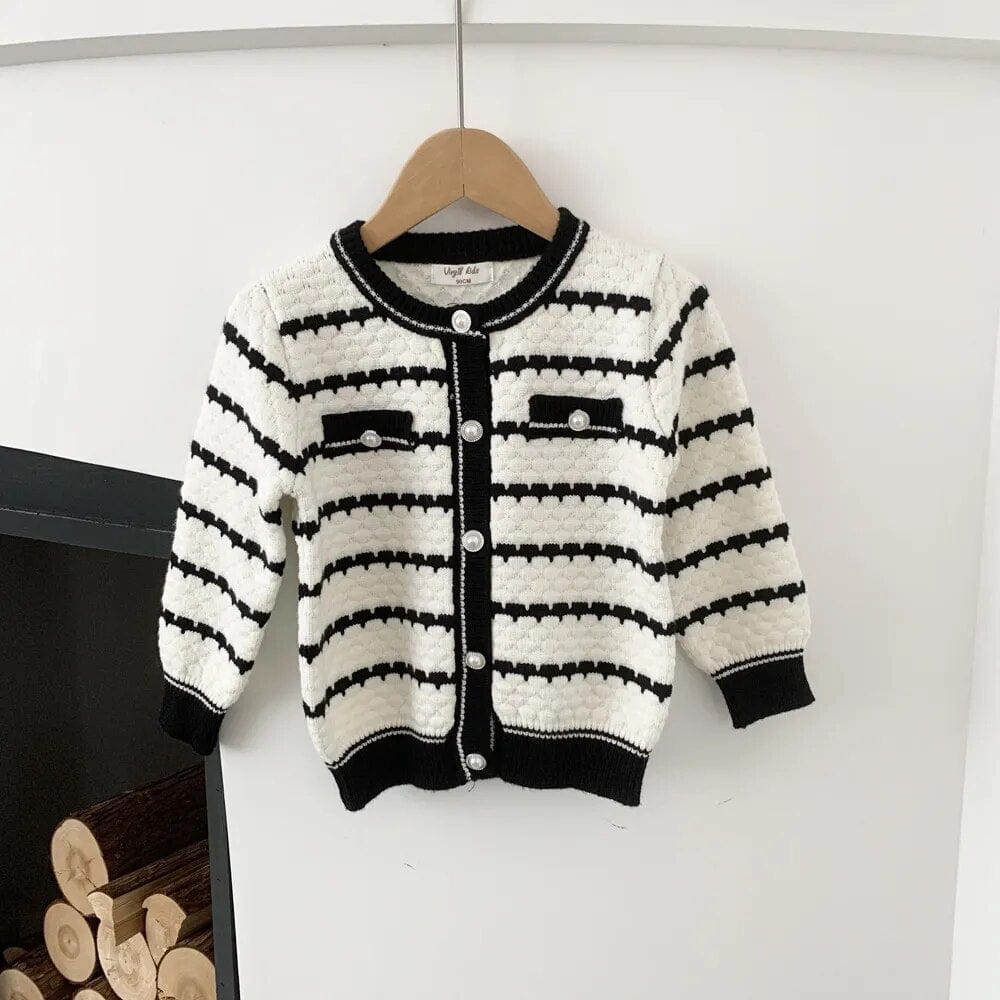 カーディガン・パーカー black and white / 90cm キッズ ニットジャケット カーディガン ボーダー パールボタン ガールズ 女の子 子供服