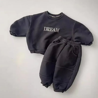 長袖セットアップ Black Gray / 80cm 9-12M キッズセットアップ 2点セット DREAMレターロゴプリント長袖スウェットシャツ+スウェットパンツ 2カラー【mh0007364】