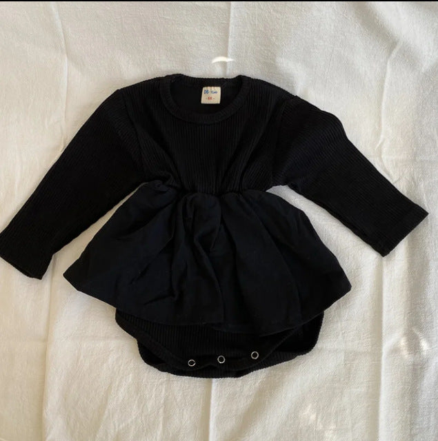 半袖ロンパース Black long sleeve / 66cm Knitted Lace Splicing Jumpsuit リブニット レース ロンパース【mh0012235】
