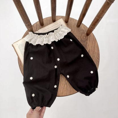 長袖セットアップ black  pants / 6M  66CM ベビートップス/パンツ ニット ラッフルフリルカラー長袖カットソートップス/ペプラムフリルロングパンツ フラワー花柄刺繍【mh0006352】