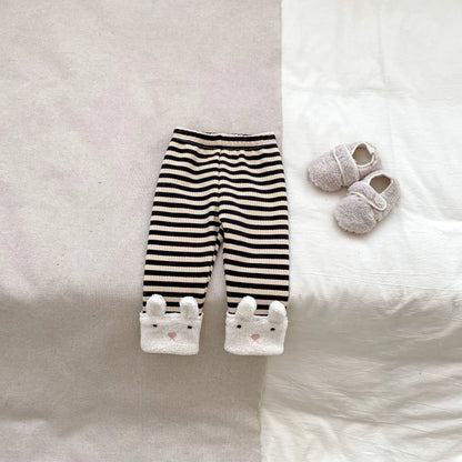 長袖セットアップ black pants / 9M  73CM ベビートップス/パンツ 耳付きフーディフリースプルオーバー+ボーダーアニマルレギンスパンツ【mh0008489】