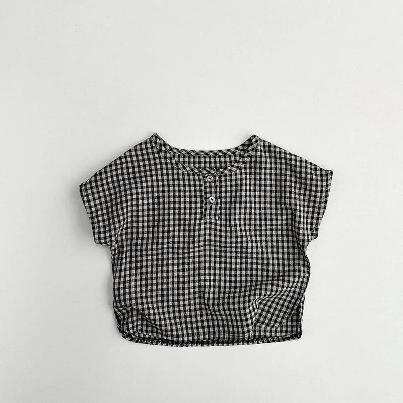 半袖シャツ・ブラウス black plaid / 80cm / 取り寄せ（3〜14日） ☺︎ キッズトップス ノーカラー半袖シャツ Tシャツ レトロチェック 2カラー