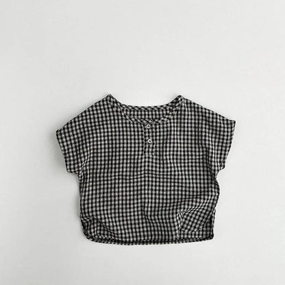 半袖シャツ・ブラウス black plaid / 80cm / 取り寄せ（3〜14日） ☺︎ キッズトップス ノーカラー半袖シャツ Tシャツ レトロチェック 2カラー