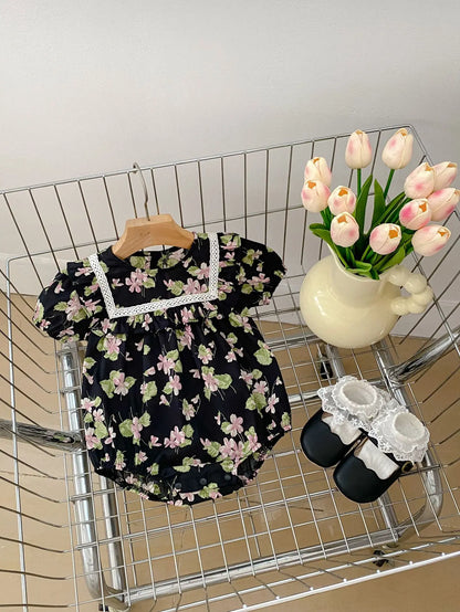 半袖セットアップ black romper / 66cm 0-6m ベビーロンパース/セットアップ 2点セット 半袖ボディスーツ/半袖ブラウス+ブルマパンツ フラワー花柄プリント 2カラー【mh0004870】