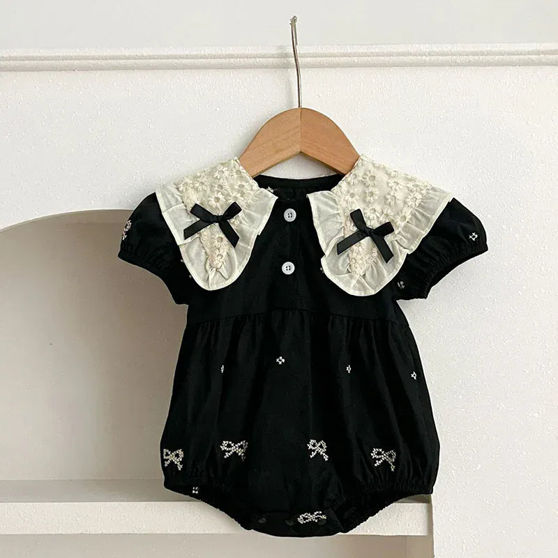 半袖ロンパース black Romper / 66cm ベビーロンパース/キッズワンピース 半袖 リボン刺繍 レース 丸襟 リンクコーデ 姉妹 お揃いコーデ【mh0005830】
