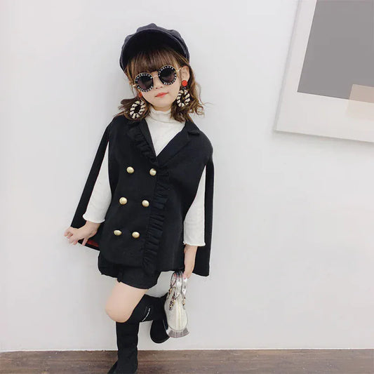 長袖セットアップ black set / 2T / 取り寄せ（7〜35日） キッズセットアップ 2点セット ケープポンチョマント ジレ ショートパンツ スーツ ブラック